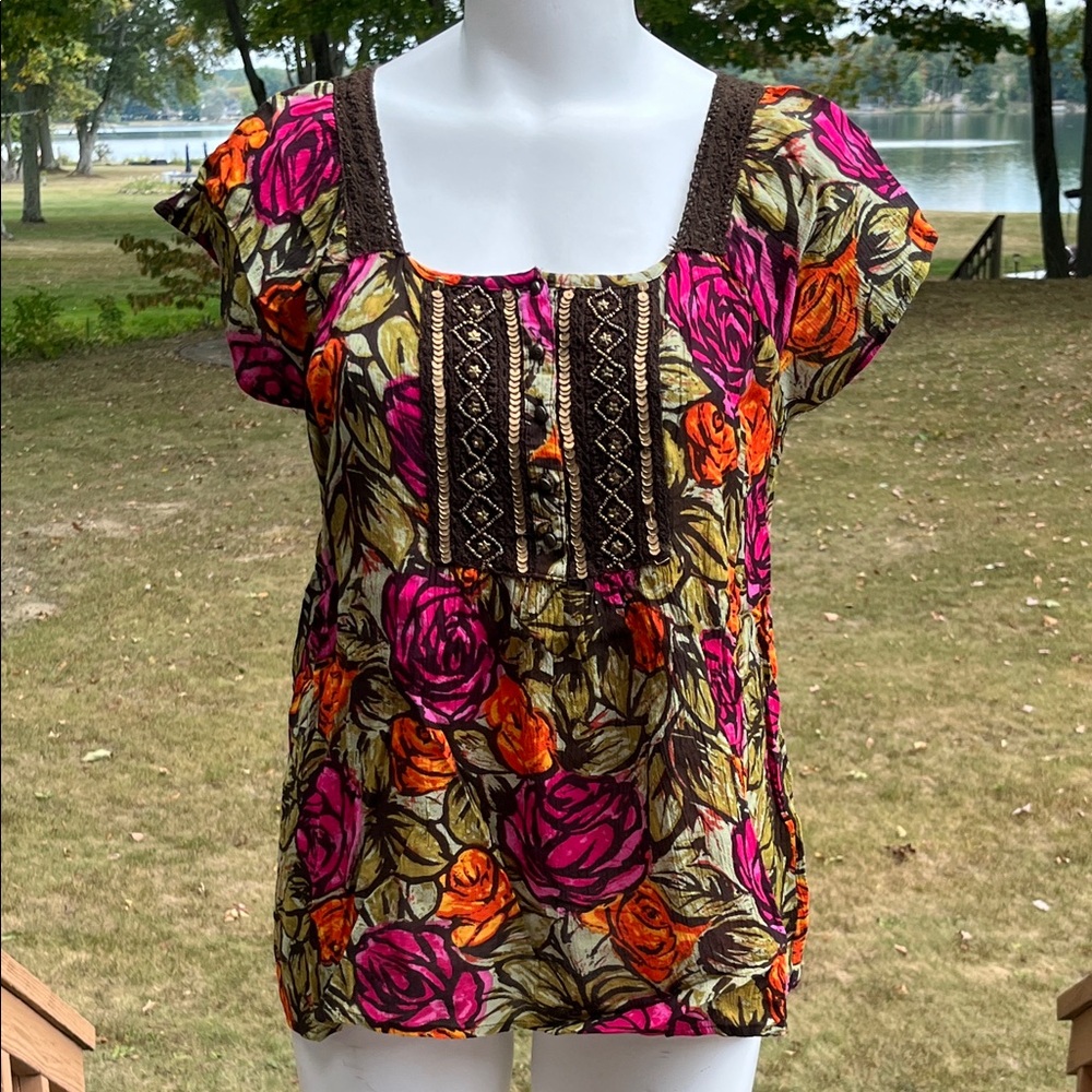 Christopher & Banks boho floral beaded blouse M